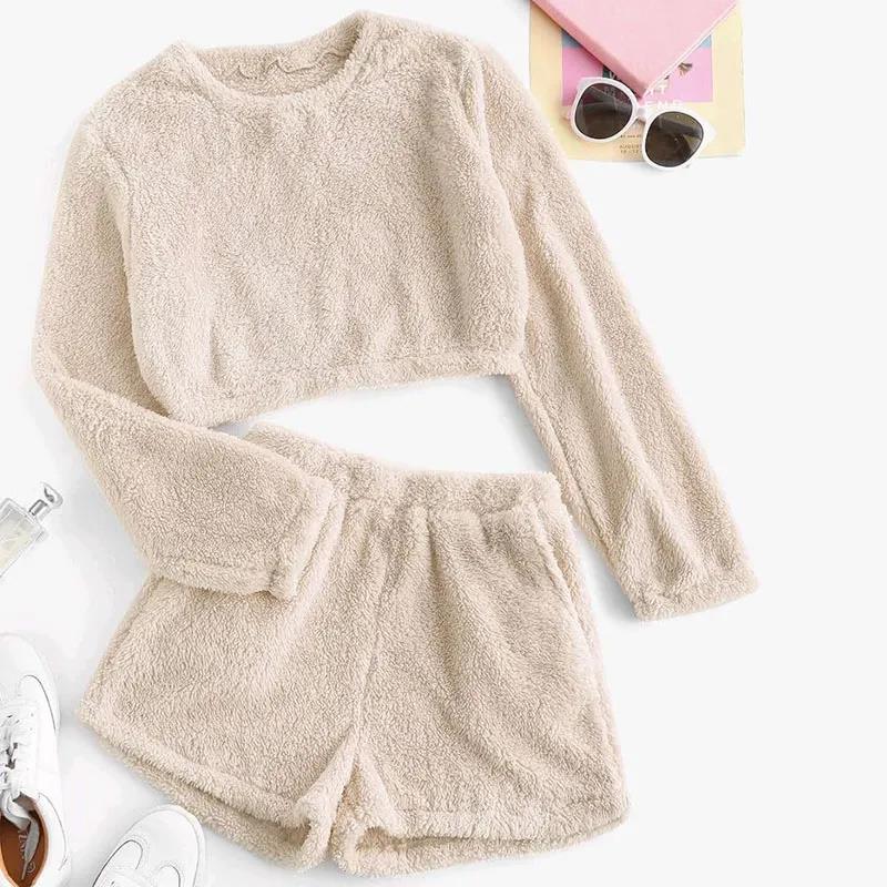 Women's Coral Fleece Double-sided Fleece Homewear Long-sleeved Top Shorts Suit Sexy Sports Outerwear Pajamas Set Winter Warm Pyjamas Suits