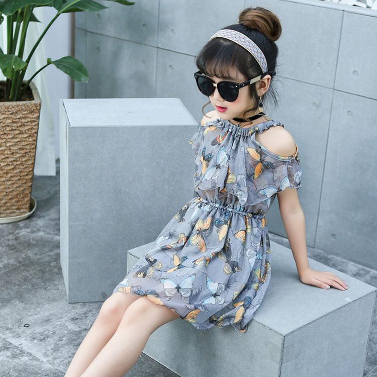 Children's Fashion Dress Girl Casual Off Shoulder Halter Above Knee Dresses Korean Girl's Dress Beach Dress Fold Print Butterfly