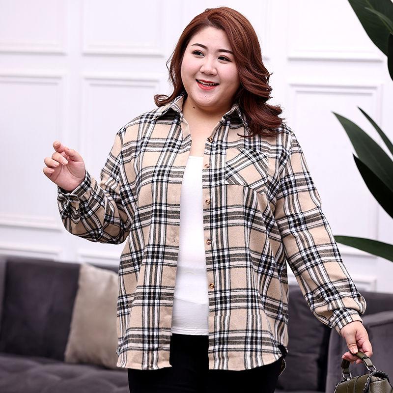 Large Size 150kg Wearable Pink Plaid Shirt Women Loose Brushed Shirt Casual Lapel Long Sleeve blouses