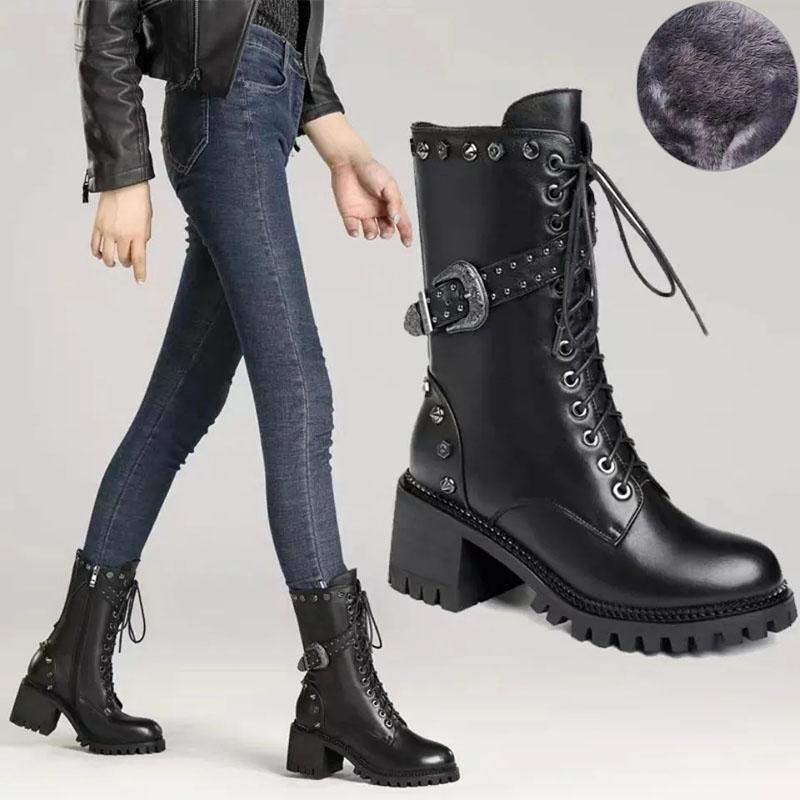 Autumn and Winter Martin Boots Women British Style Rivet Boots Motorcycle Boots Military Boots Plus Velvet Warm Snow Boots Winter Boots