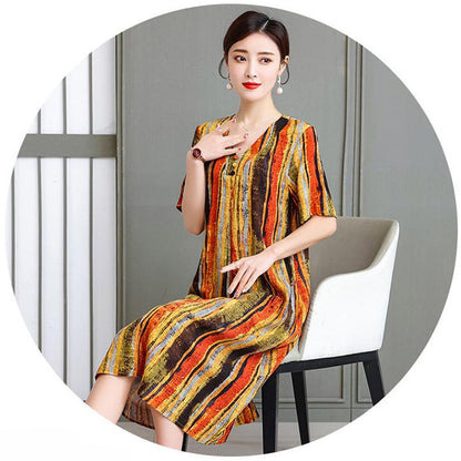 Loose Plus Size XL-XXXXXL Cotton Short-sleeved A-line V-neck Ruffle Dress Summer Printing Calf-length Skirt