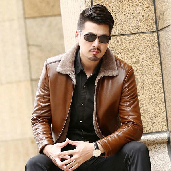 Business Casual Men's Leather Jacket Fur One Plus Velvet Thick Leather Jacket Jacket Middle-aged Father Winter Clothing