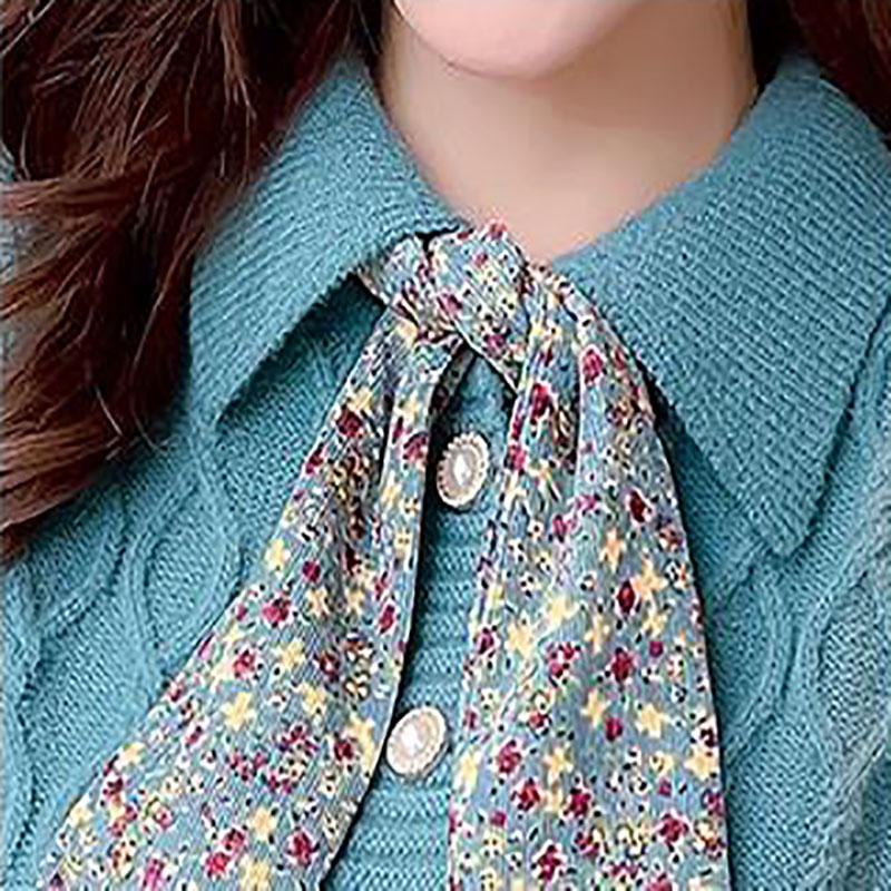 Autumn and Winter Floral Corduroy Dress Stitching Fake Two-piece Woven Waist Tie Bow Coat Sweater Dress