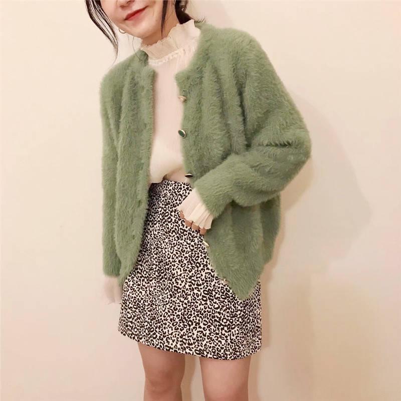 Women Faux Mink Cashmere Lazy Loose Crew Neck Sweater Knitted Cardigan Button Coat