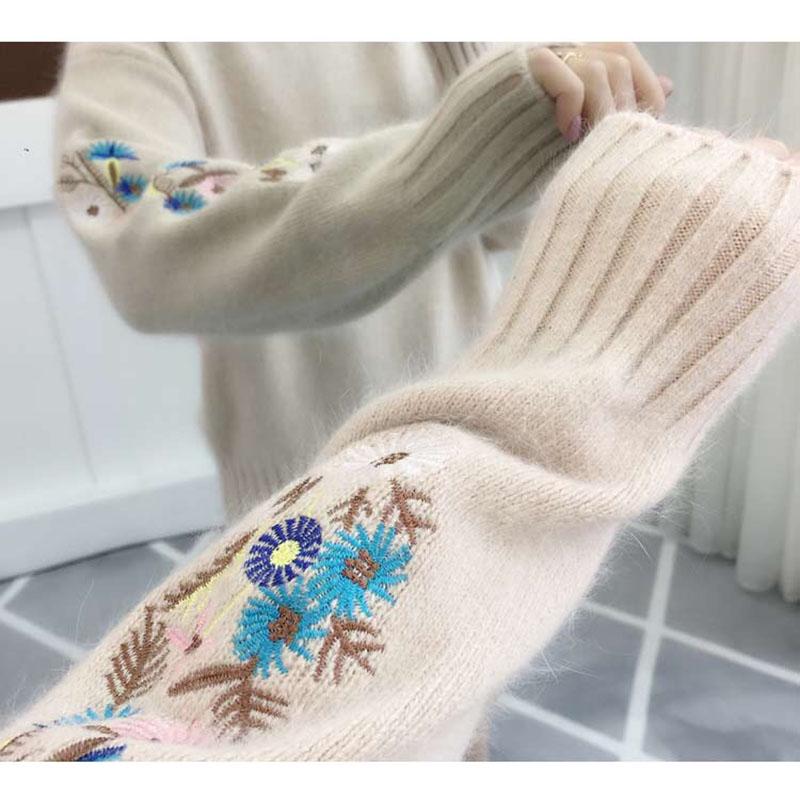 Half Turtleneck Sweater Thicken Women's Autumn and Winter Short Embroidery Flower Base Knit Long Sleeve Pullover