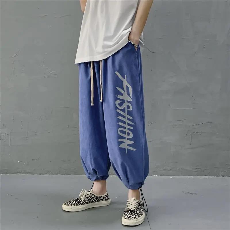 Men's Printed Loose Casual Sports Pants Fashion All-match Drawstring Pants Nine-point Pants