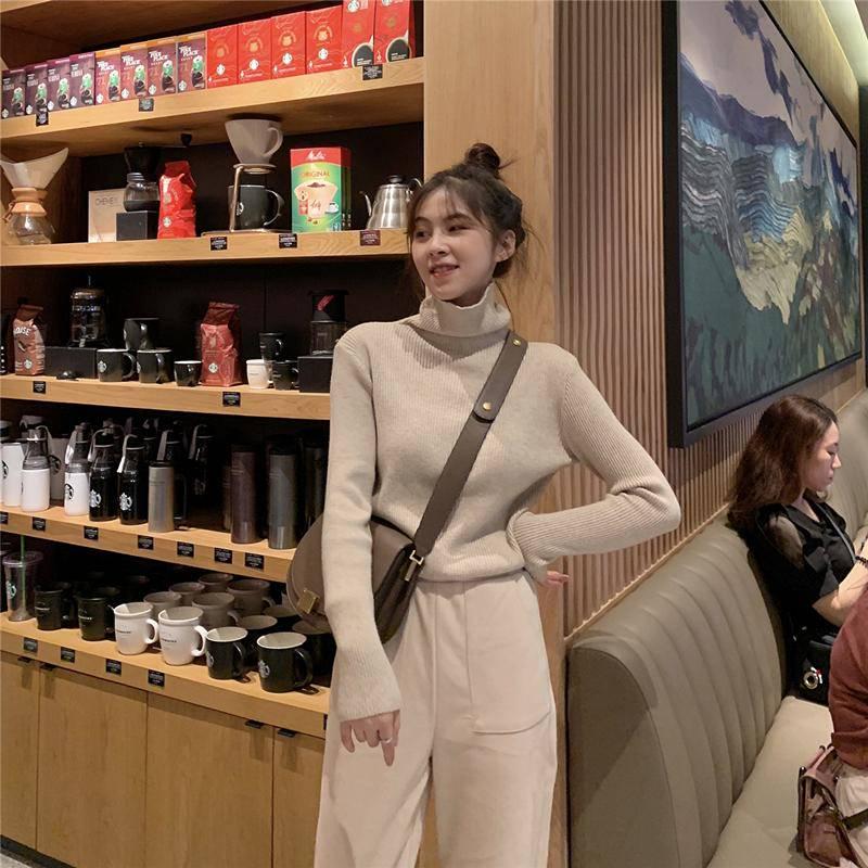 Pofulove Autumn Bottoming Shirt Women Winter Thick Turtleneck Sweater Pile Collar Tight Long-sleeved