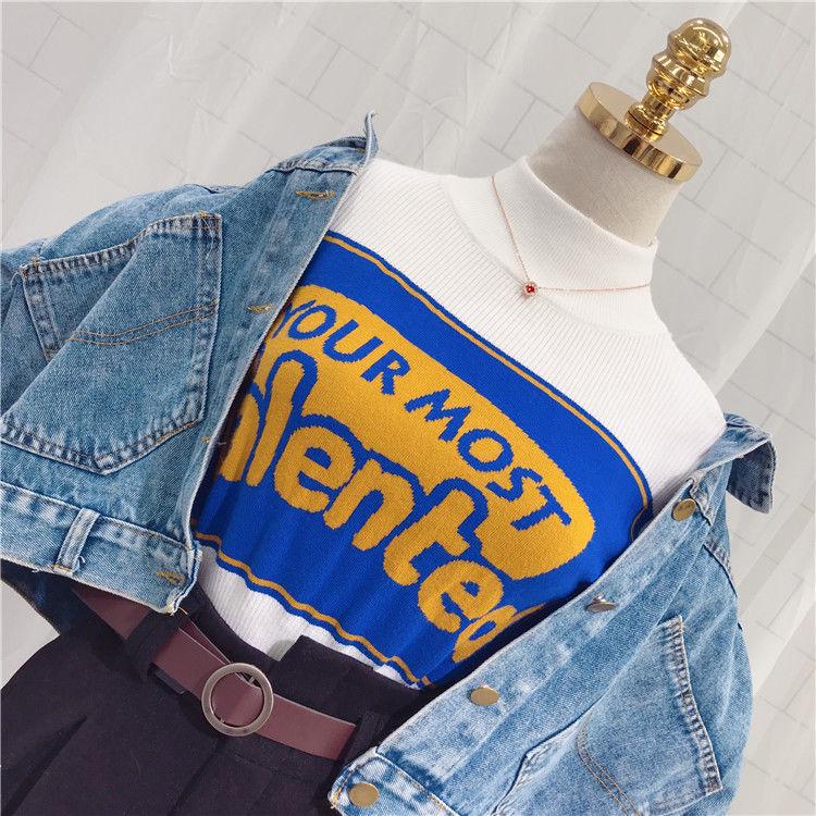 Pofulove Colorblock Lettering Turtleneck Sweater Hong Kong Style Retro Bottoming Slim Fit