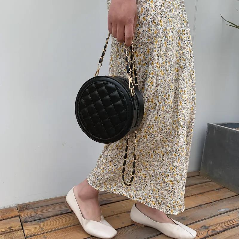 Diamond Lattice Round Bag Metal Chain Pu Leather Messenger Bag Women Outing Trip Large Capacity Crossbody Bags