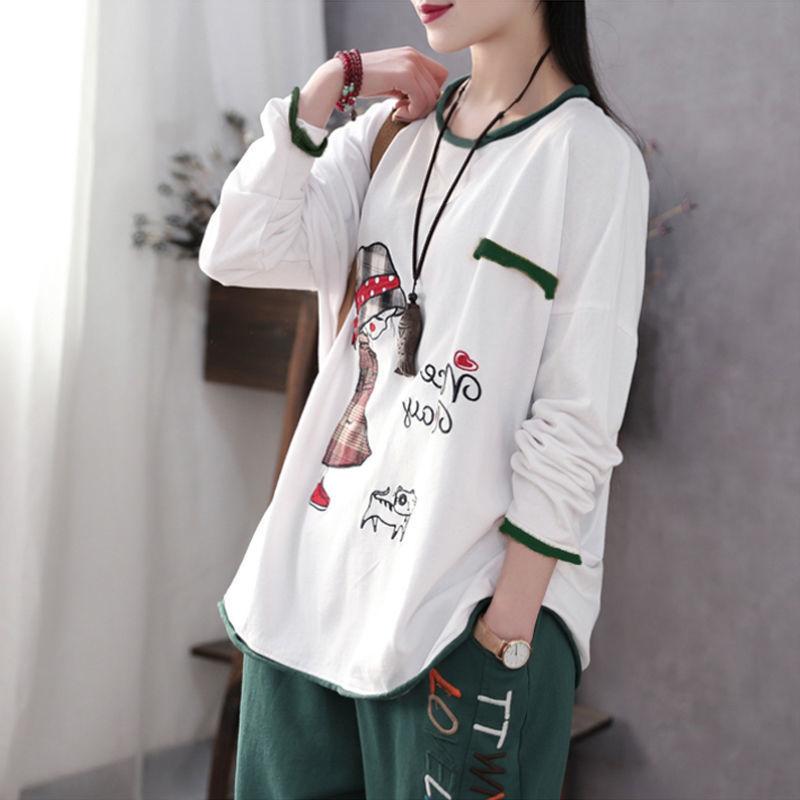 Large Size Little Girl Print T-shirt Casual Loose Pullover Ladies Long Sleeve Shirt Summer