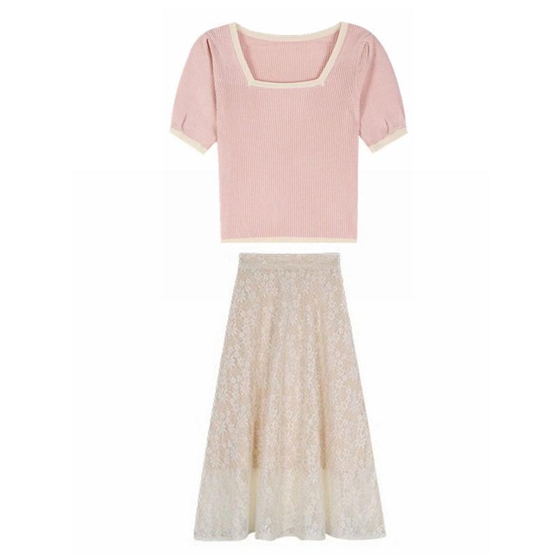 Two Piece Skirt Set Women's Short Sleeve T-Shirt Lace High Waist A-Line Skirt Mid Length Casual Elegant Summer Skirt Set Hollow Flower Embroidered