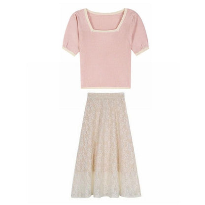Two Piece Skirt Set Women's Short Sleeve T-Shirt Lace High Waist A-Line Skirt Mid Length Casual Elegant Summer Skirt Set Hollow Flower Embroidered
