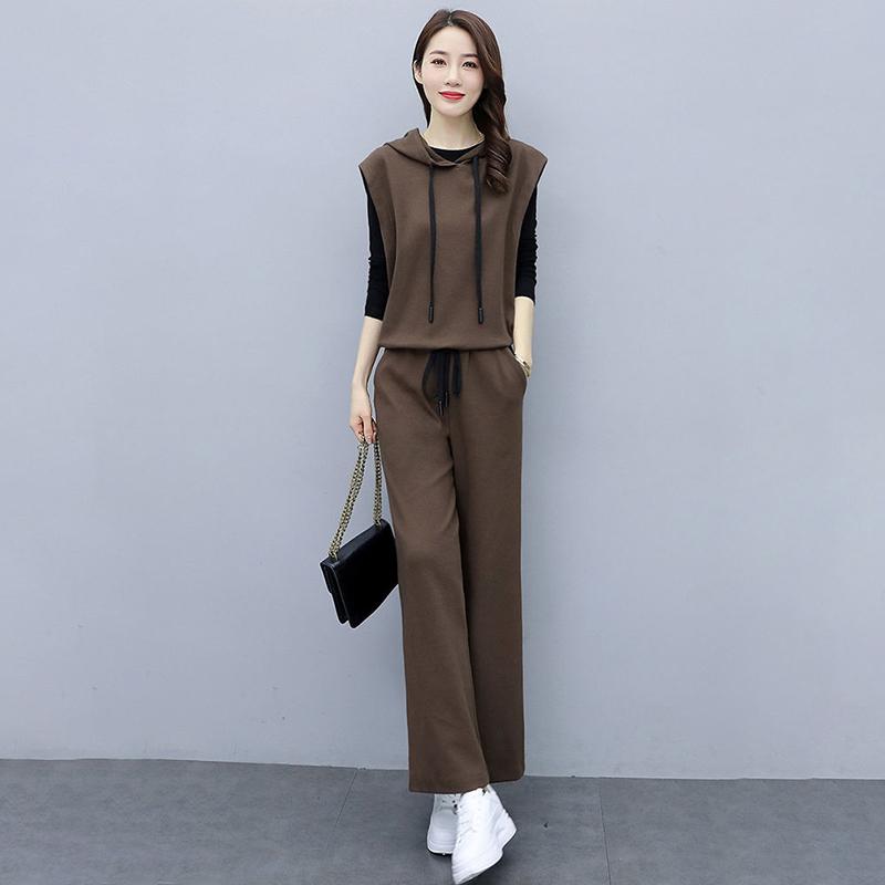 Suit Women's Temperament Is Thin Wide-leg Pants Casual Women's Three-piece Loose Wide-leg Pants + Hooded Sleeveless Waistcoat + Lining