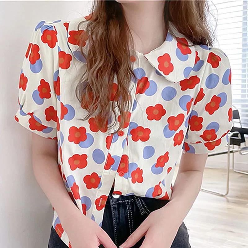 Short Sleeve T-shirt Women's Summer Loose Doll Collar Printed All-match Top