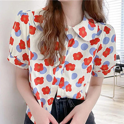 Short Sleeve T-shirt Women's Summer Loose Doll Collar Printed All-match Top