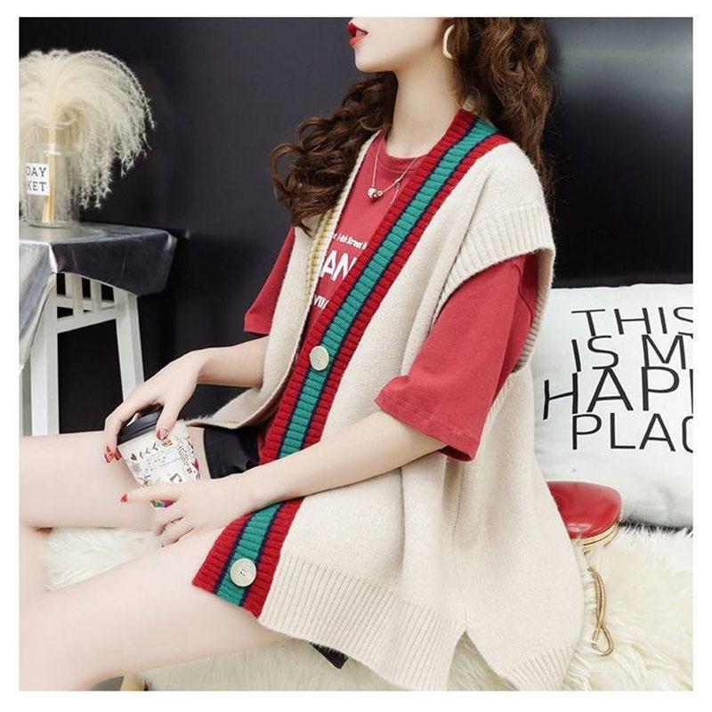 Knitted Sweater Women Vests Geometric V-Neck Sleeveless Cardigan Plus Size Loose Outerwear Vest