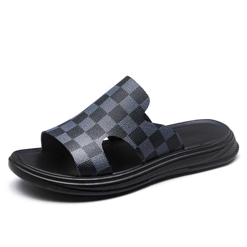 Size38-44 Summer Men Sandals Comfortable Non-slip PU Leather Plaid Beach Slippers Casual Outdoor Slippers Alphabet Drag Flip Flops