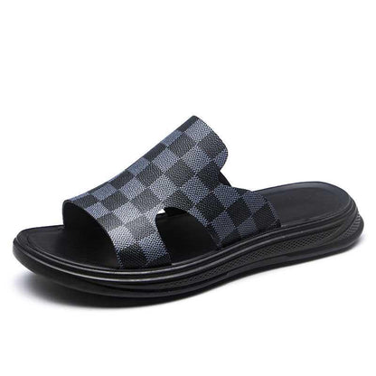 Size38-44 Summer Men Sandals Comfortable Non-slip PU Leather Plaid Beach Slippers Casual Outdoor Slippers Alphabet Drag Flip Flops
