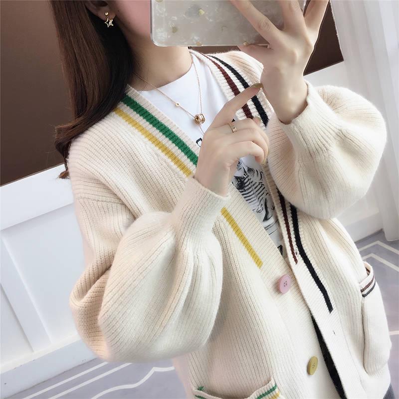 Autumn and Winter Cardigan Sweater Women's Knitted Jacket Lantern Sleeves Loose Sweater