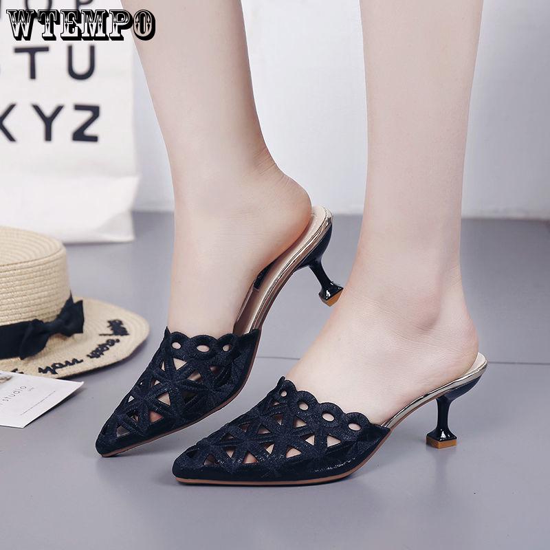 WTEMPO Summer Slippers Sexy Hollow High Heel Slippers Stiletto Half Drag Sandals