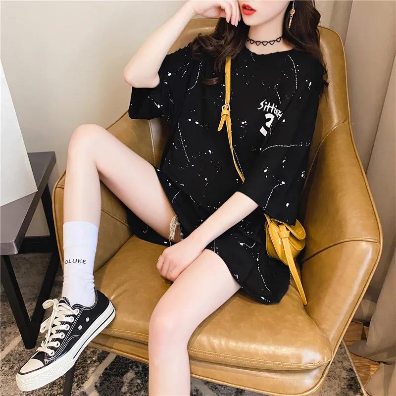 Plus Size Short Sleeve Women Dress Girl Loose O-Neck Casual Long T-shirt Dress Big Loose Home Comfort Outer Convenient