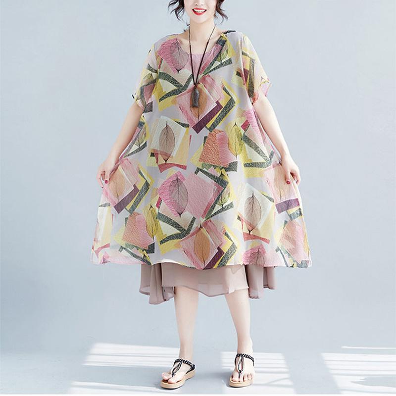 Women's Clothing Chiffon Dress Large Size Loose Round Neck Short Sleeve Printing Mid-length