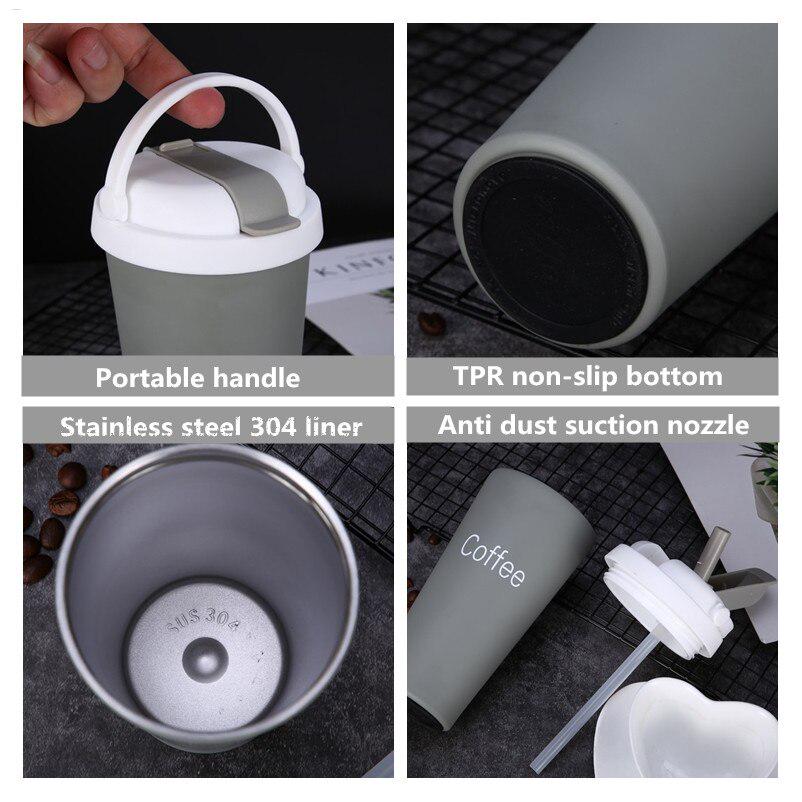 500ml Insulated Coffee&Tea Mug Portable Vacuum Cup 18/8 Stainless Steel Thermos Straw Water Bottle