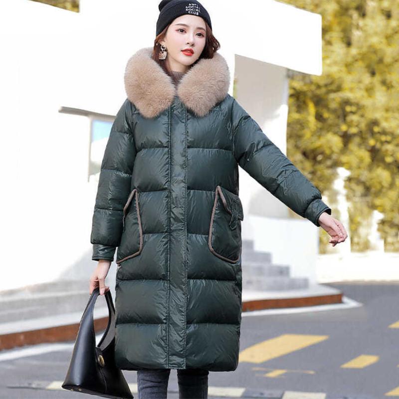 Women's Glossy Loose Down Jacket Mid-length Korean Thick Coat Warm Cotton Coat with Big Fur Collar Winter Quilted Jacket