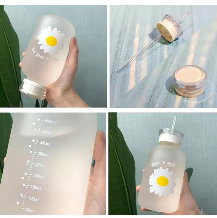 2 Lids Cute 500ml Daisy Clear / Frosted Borosilicate Glass Water Bottle | BPA FREE | High Quality Food Grade Material | Gifts for Her