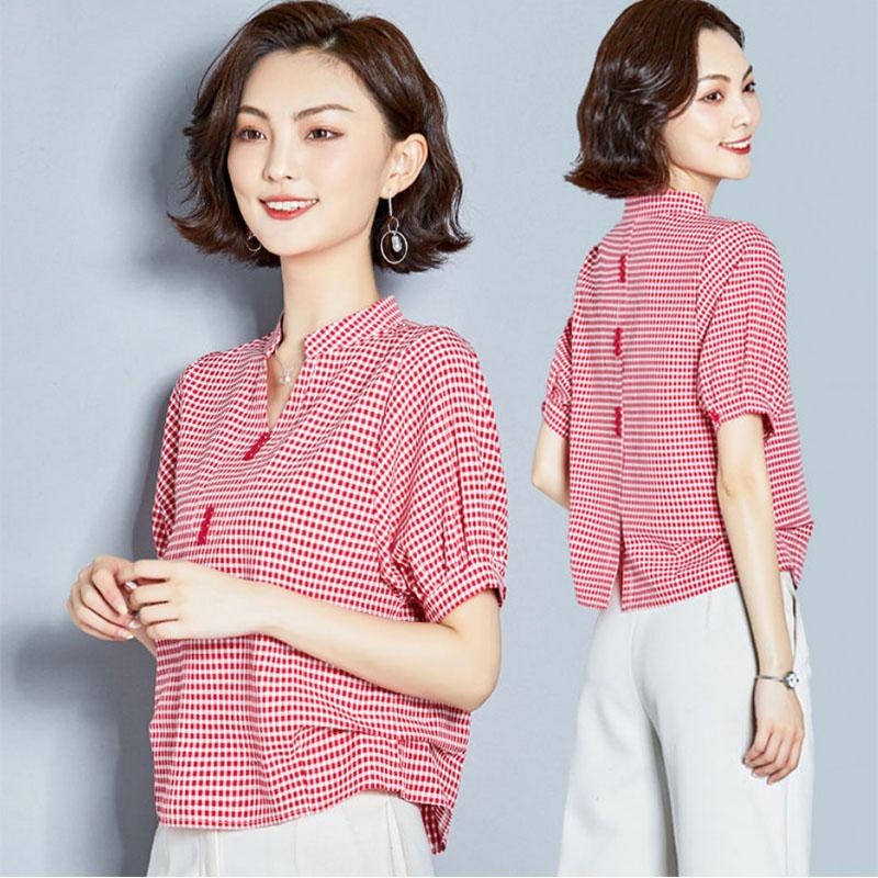 Short-sleeved Plaid Chiffon Shirt Women's Niche Design V-neck  Belly-covering Shirt