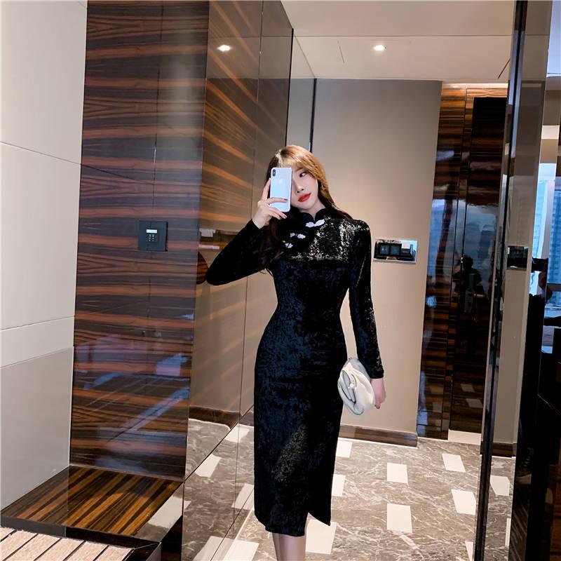Skirt Female Sense Retro Slim Split Long Skirt Dress Improved Cheongsam Dress Women