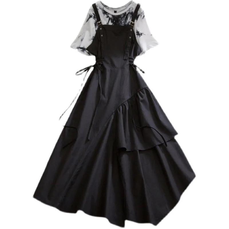 Retro Dark Black Strap Skirt Design Sense Two-piece Fat Sister Show Thin Meat Cover Suit Women's Skirt