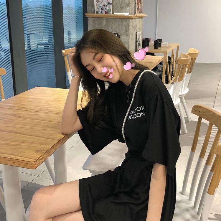 WTEMPOLarge Loose Casual Short Sleeve Round Neck Simple Lace Free Belt Mid-length Women's Dress Daily