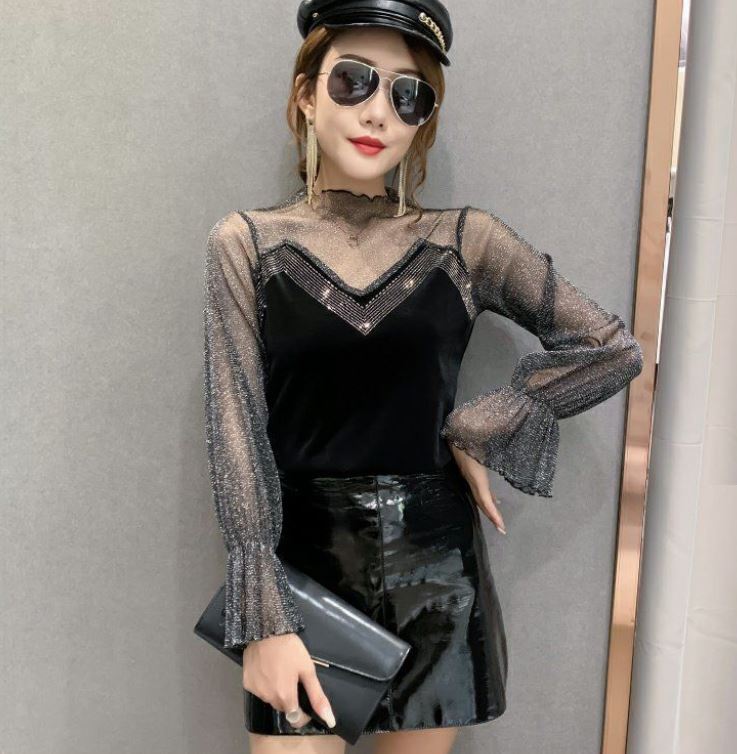 Mesh Stitching Sexy Perspective Women's Top Fashion Lace Letter Print Bottoming Shirt