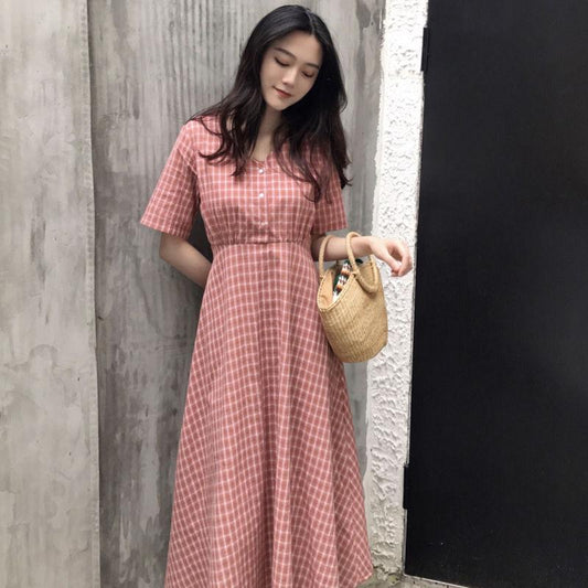 Dress Women Plaid V-neck long Sleeve Loose Fashion Leisure Sweet Korean Style Backless Lace-up Chic Student Ulzzang All-match
