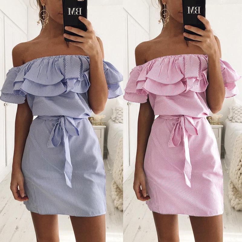 Large Size Women's Summer Dress One-shoulder Fashion Ruffled Striped Loose Waist Dress Casual Strapless