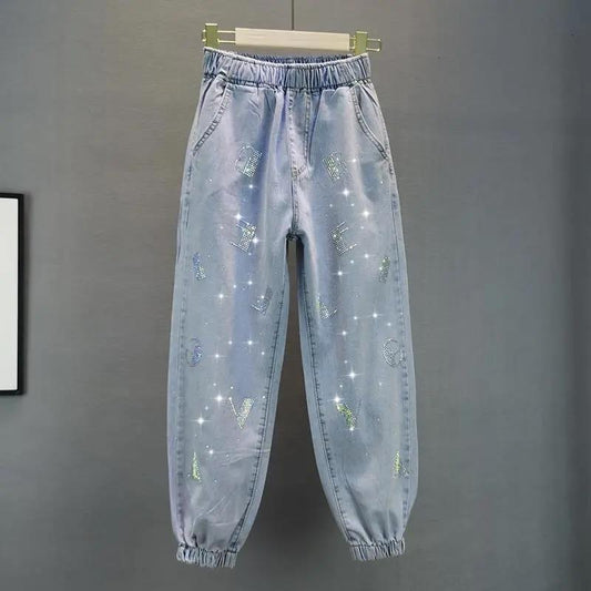Women's Autumn Large Size Pants S-5XL Rhinestone Casual Pants Female Winter Solid Color Elastic Waist Loose Long Pants