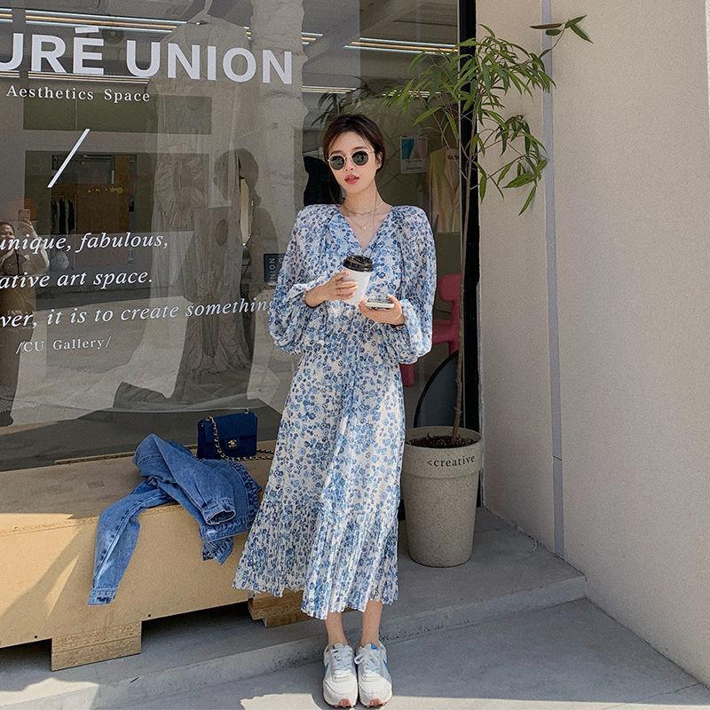 Chiffon Long Skirt Female Summer Holiday Style Retro Floral French Dress V-neck Spring Summer Casual Long Sleeves