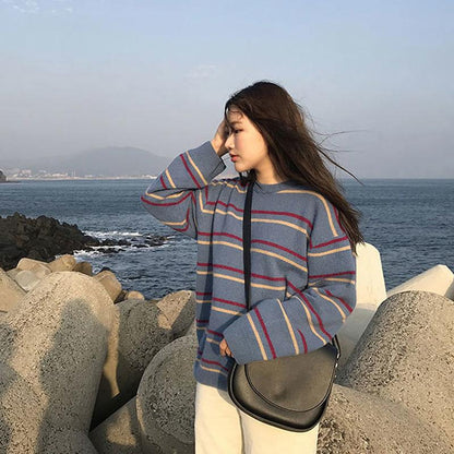 Autumn Winter  Women Fashion Sweater  Knitting Sweater Stripe Round Neck Pullovers Loose Casual Long Sleeve Sweater