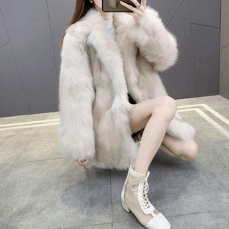 Winter Women's Coat with Imitation Fox Fur Haining Mid-length Fur Coat