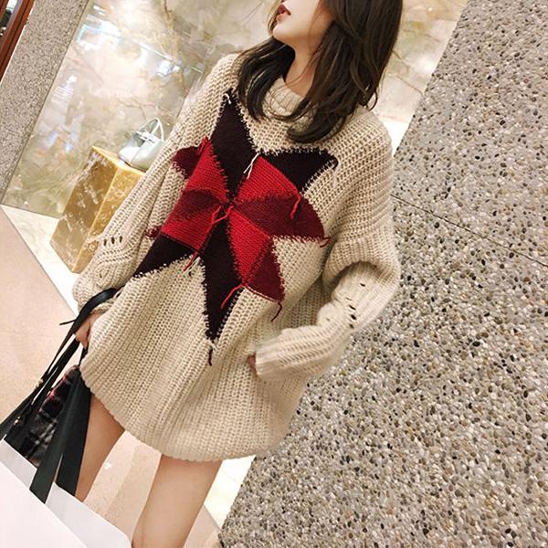 Autumn and Winter Casual Star Sweater Women Loose Hedging Open Air Long Coat Knitted Fashion Top
