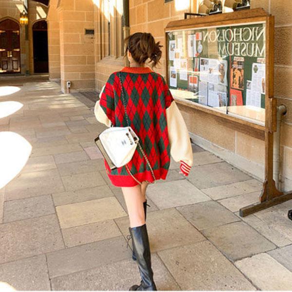 Red Sweater Women Loose Pullover Student Knit Sweater Students All-match Casual Lapel Diamond Print Knitted Sweater Outer Wear Autumn Winter