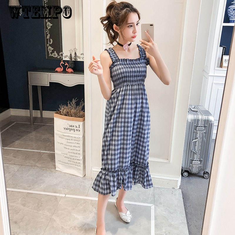WTEMPO Brand Summer Loose Sling Small Fresh Women's Student Tube Top Long Plaid Dress