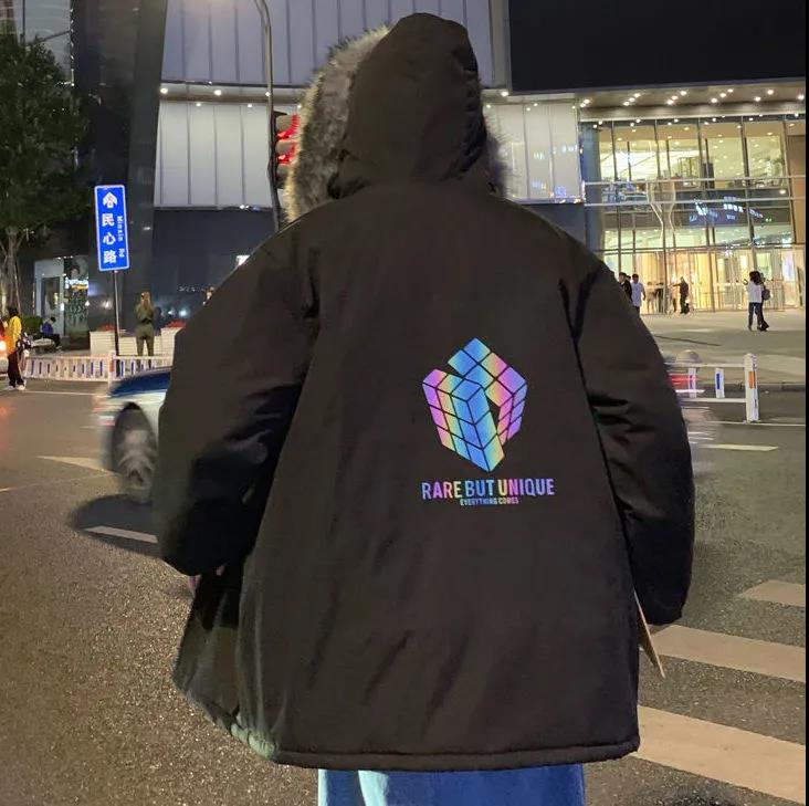 Tide Brand Rubik's Cube Reflective Cotton Coat Male Fur Collar Korean Version of Loose Bread Coat Winter Student Handsome Thick Cotton Coat Jacket