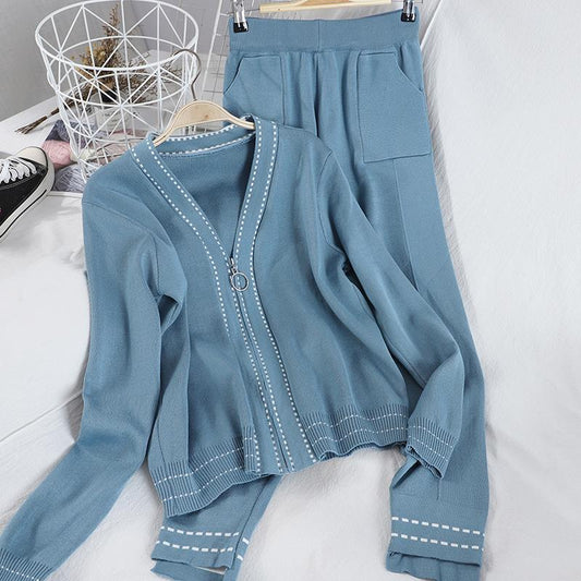 2pcs/set Knitted Suit Women Fashion V-neck Cardigan Top + Casual Knitted Pants Two-piece Female Jogging Outfits