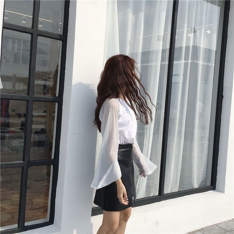 Net Yarn Sleeve Womens Loose Thin Flared Sleeves Tops Blouse Casual Round Collar Pullover T-Shirt