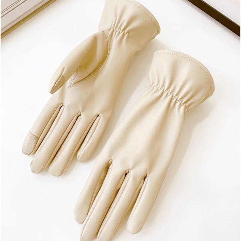 Leather Gloves Women's Winter Beige Imitation Sheepskin Pattern Plus Velvet Thick Warm Windproof Waterproof Touch Screen Gloves