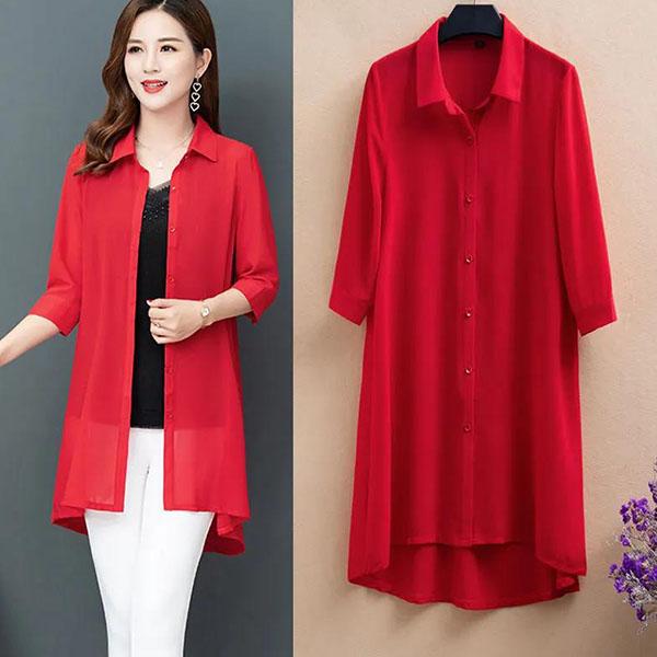 Women's Large Size Mid-length Chiffon Shirt 3/4 Sleeve Cardigan Shirt Spring Summer Loose Casual Sun Protection Coats