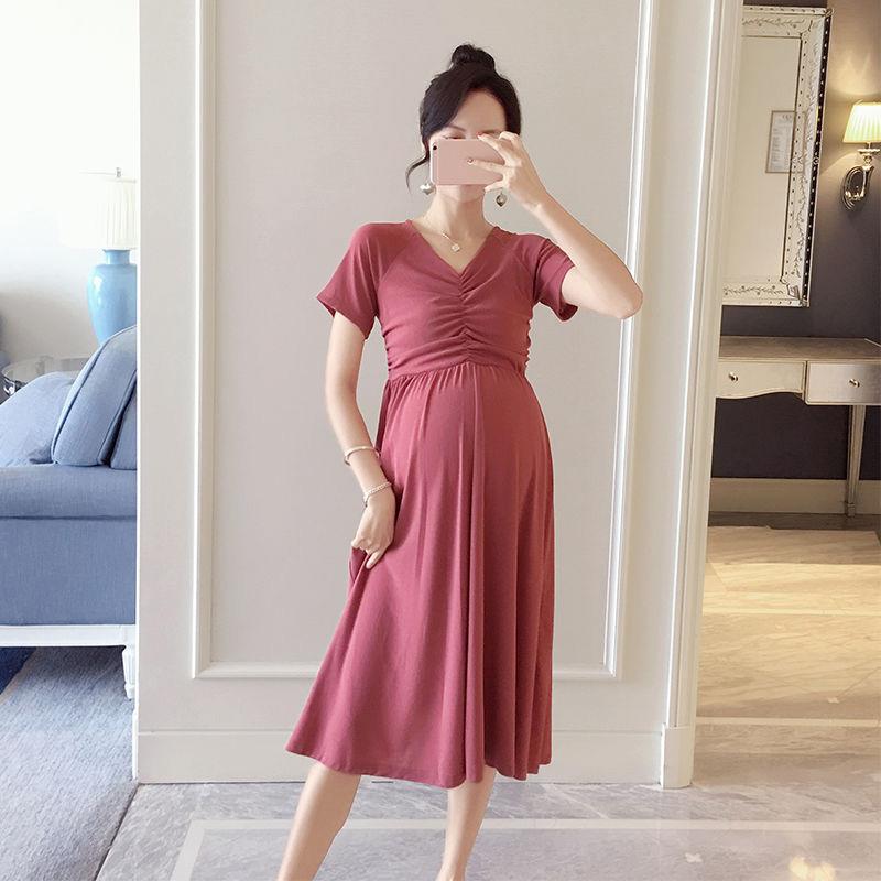 Maternity Clothes Short Sleeve Dress Mid-length Loose Plus Size V-Neck High Waist Over The Knee Skirt
