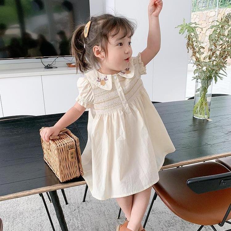 Children's Dress Girls Summer Dress Children's Embroidery Princess Skirt Baby Thin Flower A-line Skirt Button Embroidered Dress